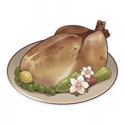 artist_request bell_pepper chicken_(food) commentary english_commentary flower food food_focus fruit genshin_impact lemon lowres muted_color no_humans official_art peas pepper plate still_life third-party_source transparent_background white_flower