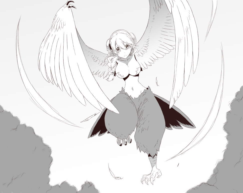 1girl animal_feet bangs bird_legs braid breasts claws commentary_request feathers flying hair_between_eyes hairband harpy large_breasts lee_xianshang long_hair monochrome monster_girl narrow_waist navel original single_braid solo tail tail_feathers talons