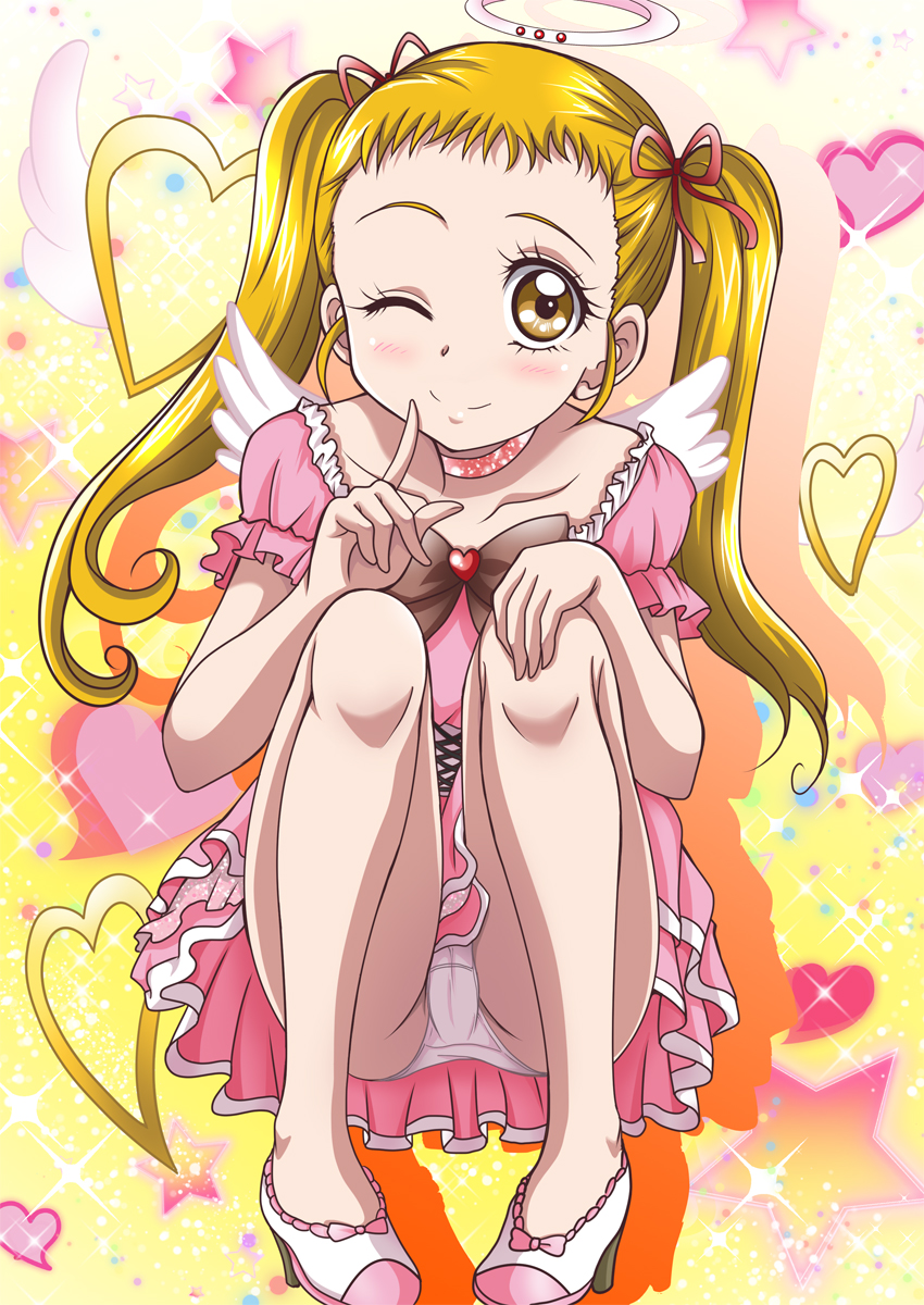 1girl ;) black_neckwear blonde_hair blush brown_eyes choker collarbone dress finger_to_mouth hair_ribbon hand_on_own_knee hanzou high_heels highres index_finger_raised kasugano_urara_(yes!_precure_5) layered_dress long_hair looking_at_viewer one_eye_closed panties pantyshot pink_dress precure pumps red_ribbon ribbon shiny shiny_hair short_dress smile solo sparkle squatting twintails underwear white_footwear white_panties white_wings wings yes!_precure_5