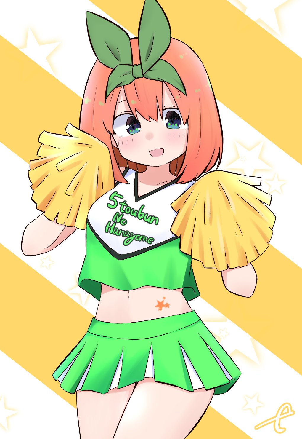 1girl :d bangs bare_shoulders blue_eyes blush clothes_writing commentary_request copyright_name crop_top diagonal_stripes eyebrows_behind_hair go-toubun_no_hanayome green_ribbon green_skirt hair_between_eyes hands_up highres kujou_karasuma looking_at_viewer midriff nakano_yotsuba navel open_mouth orange_hair pleated_skirt pom_pom_(cheerleading) ribbon romaji_text shirt skirt sleeveless sleeveless_shirt smile solo starry_background striped striped_background white_shirt