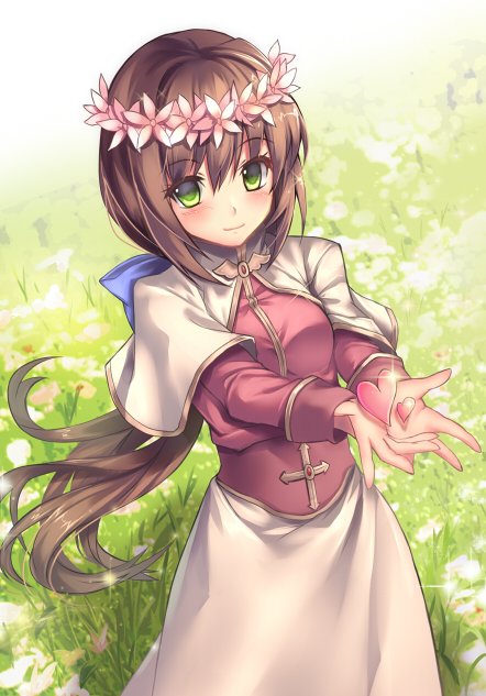 1girl acolyte_(ragnarok_online) aruma_jiki bangs blue_bow blush bow breasts brown_hair brown_shirt capelet closed_mouth commentary_request cowboy_shot cross eyebrows_visible_through_hair flower grass green_eyes hair_between_eyes hair_bow head_wreath heart long_hair long_skirt looking_at_viewer medium_breasts outstretched_arms pink_flower ponytail ragnarok_online shirt skirt smile solo sparkle white_capelet white_flower white_skirt