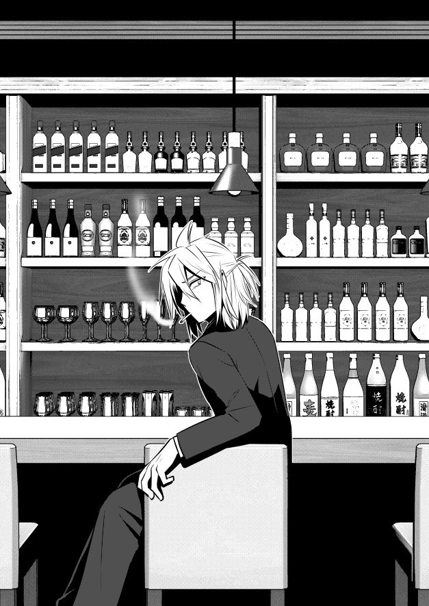 1boy 3d_background bar caffein ceiling_light chair commentary formal from_behind greyscale honne_dell indoors looking_at_viewer looking_back male_focus monochrome shelf sitting smoking suit vocaloid voyakiloid