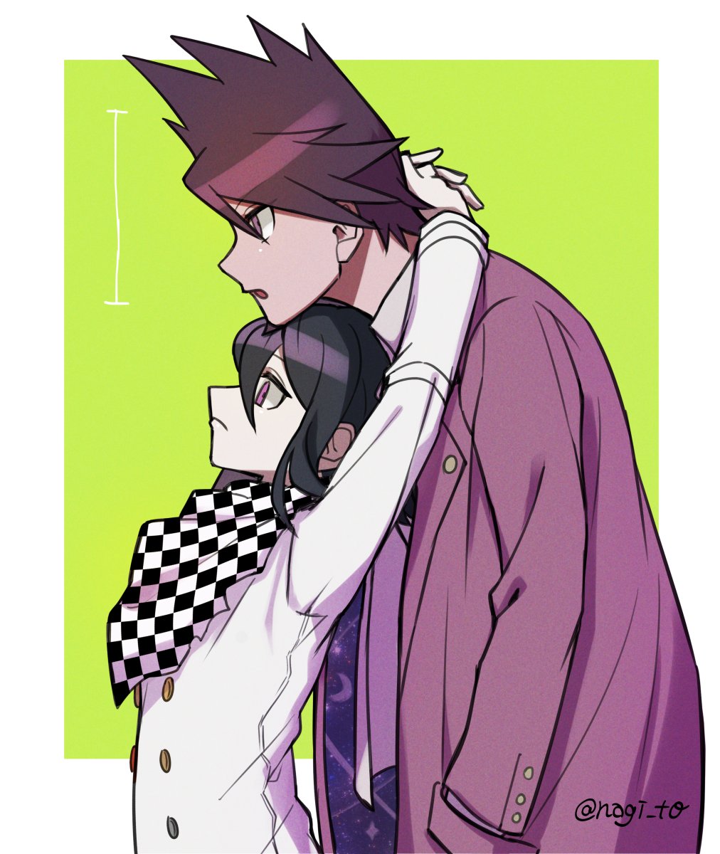 2boys arms_around_neck arms_up bangs black_hair brown_hiar checkered checkered_neckwear checkered_scarf commentary_request dangan_ronpa_(series) dangan_ronpa_v3:_killing_harmony facial_hair from_side frown goatee green_background hand_in_pocket head_on_head highres jacket long_sleeves male_focus momota_kaito multiple_boys nagi_to_(kennkenn) open_mouth ouma_kokichi pink_jacket scarf space_print spiky_hair starry_sky_print twitter_username violet_eyes white_background white_jacket