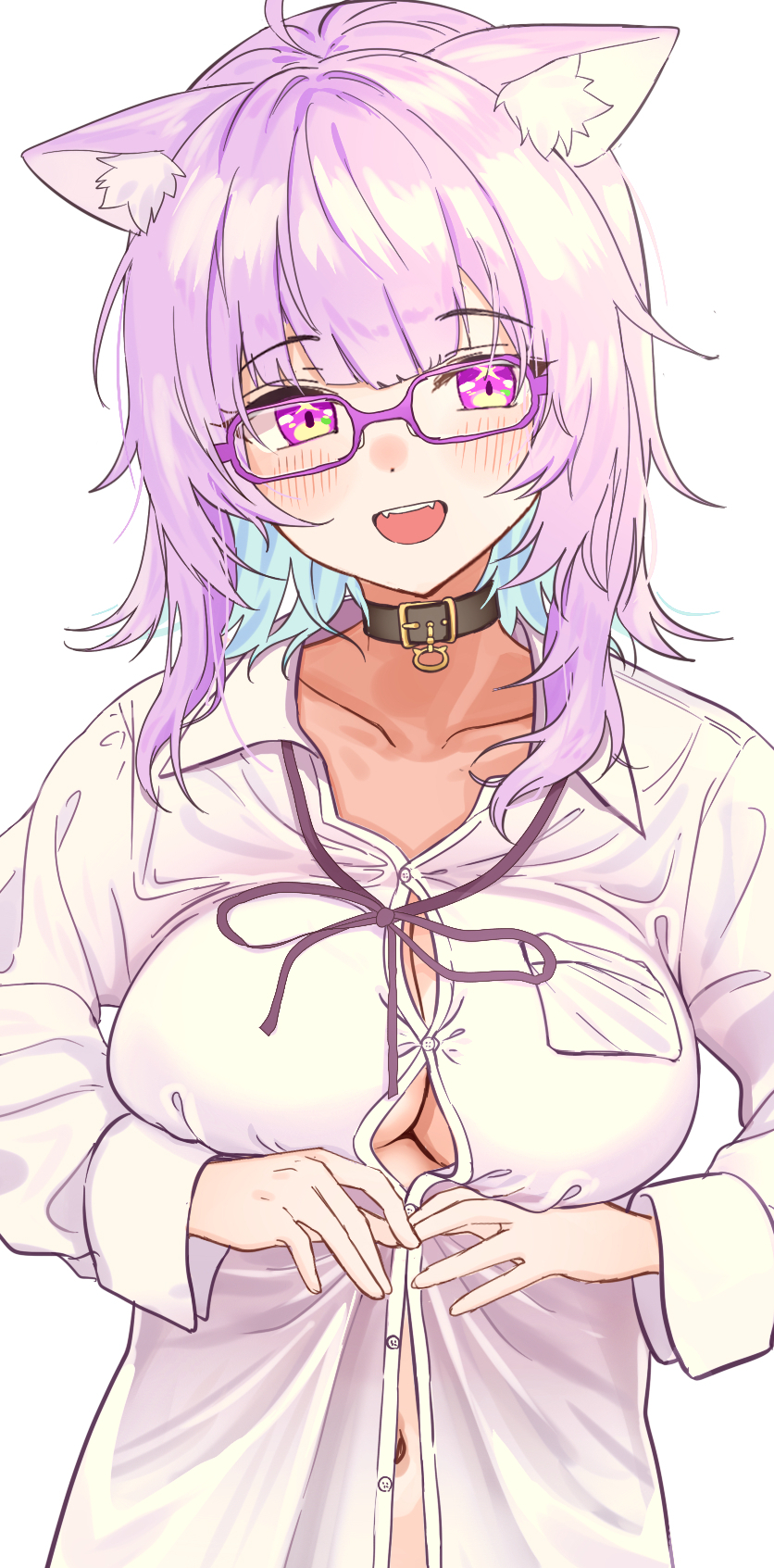 1girl ahoge animal_ear_fluff animal_ears blush breasts bursting_breasts cat_ears cat_girl collar collared_shirt commentary_request glasses highres large_breasts light_blue_hair long_sleeves medium_hair multicolored_hair navel nekomata_okayu no_bra open_mouth partially_unbuttoned purple_hair purple_ribbon ribbon shirt solo tsumayouji_(tumayog) two-tone_hair unbuttoned upper_body violet_eyes virtual_youtuber white_background white_shirt