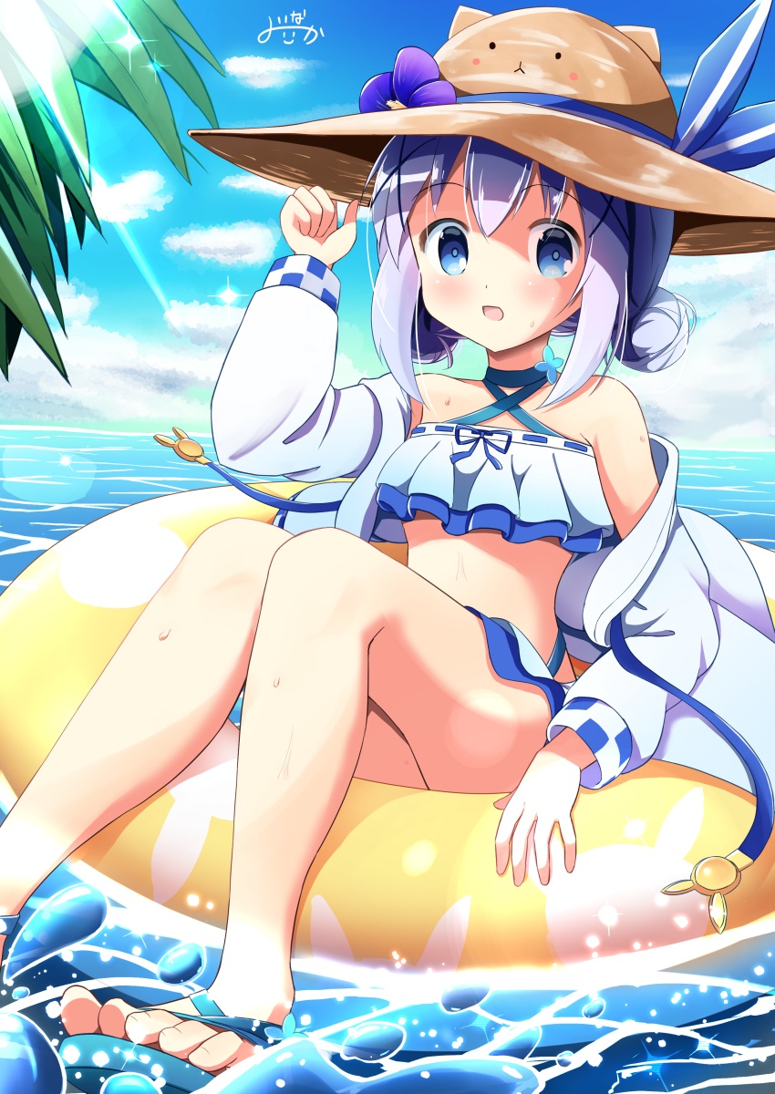 1girl adjusting_clothes adjusting_headwear animal_hat animal_print bikini blue_bikini blue_eyes blue_hair blush bunny_print day double_bun flower frilled_bikini frills gochuumon_wa_usagi_desu_ka? hair_ornament hat hat_flower hat_ribbon highres inakami innertube jacket kafuu_chino ocean open_clothes open_jacket outdoors ribbon sandals solo sun_hat sweat swimsuit water x_hair_ornament