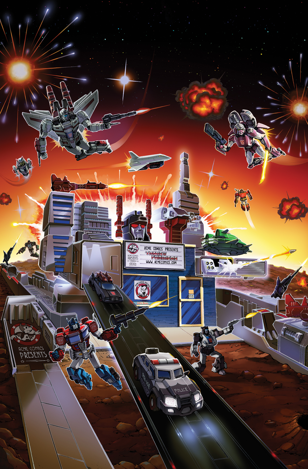 1980s_(style) arcee autobot car casey_w._coller character_request clenched_hands collaboration comic_cover cosmos_(transformers) energy_sword english_commentary explosion firing flying ground_vehicle gun headlight highres holding holding_gun holding_sword holding_weapon insignia jazz_(transformers) jetfire kup mecha metroplex motor_vehicle no_humans official_art optimus_prime prowl red_eyes retro_artstyle science_fiction sideswipe sky_lynx space_craft space_shuttle sword transformers weapon