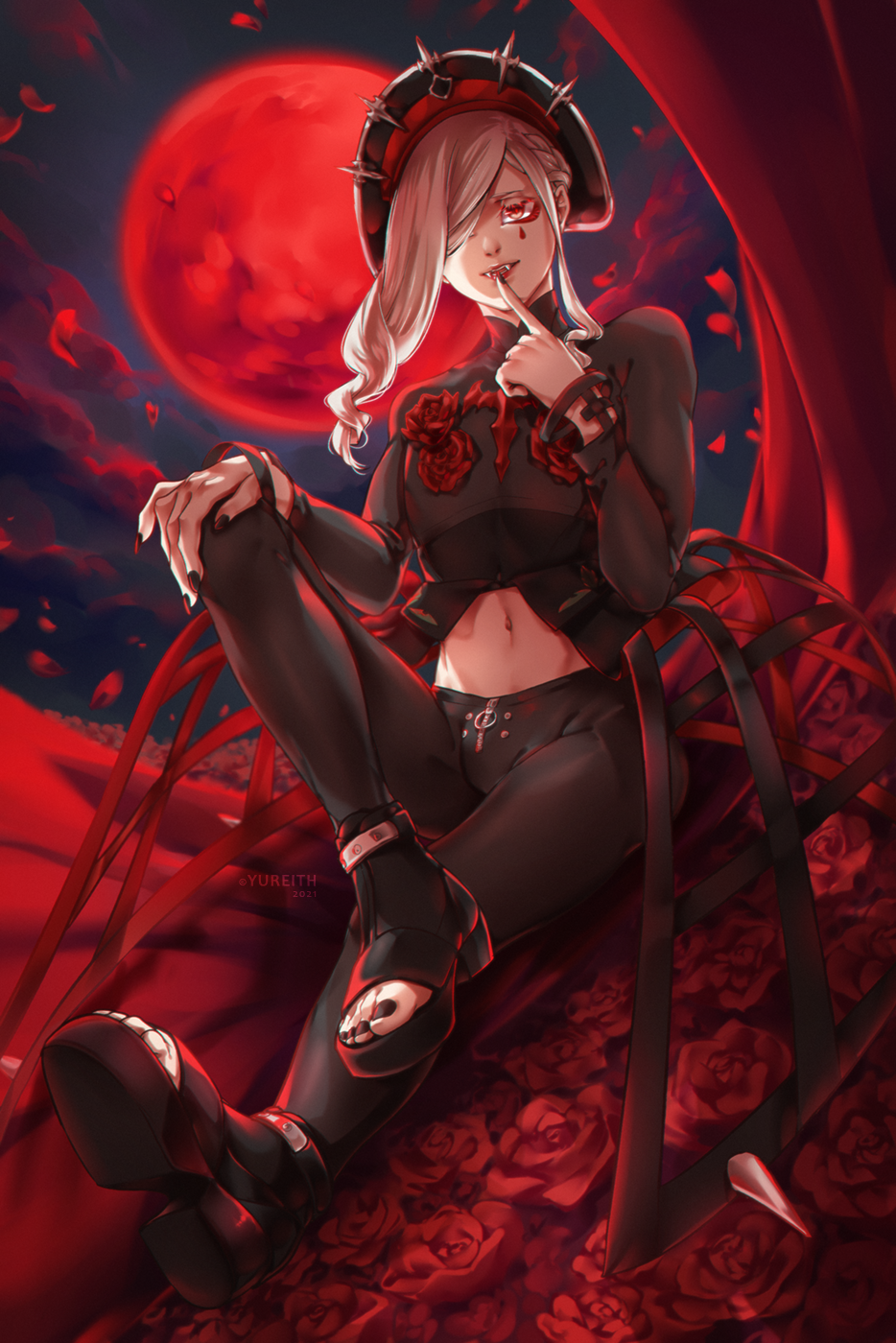 1boy black_headwear black_nails black_pants commentary crop_top fangs finger_to_mouth flower hair_over_one_eye highres long_hair looking_at_viewer moon navel otoko_no_ko pants petals red_eyes red_flower red_moon rempikka teardrop_facial_mark toeless_footwear vampire veuve_elizabeth visual_prison watermark white_hair