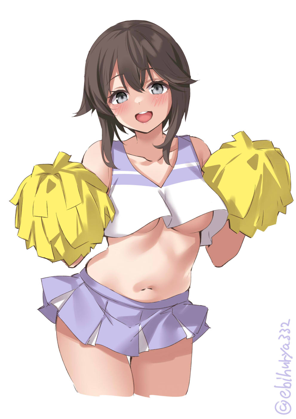 1girl alternate_costume black_hair blush breasts cheerleader collarbone cowboy_shot ebifurya eyebrows_visible_through_hair grey_eyes hair_between_eyes hayasui_(kancolle) highres holding holding_pom_poms kantai_collection looking_at_viewer medium_breasts miniskirt navel open_mouth pleated_skirt pom_pom_(cheerleading) purple_skirt shirt short_hair simple_background skirt sleeveless sleeveless_shirt smile solo twitter_username white_background white_shirt