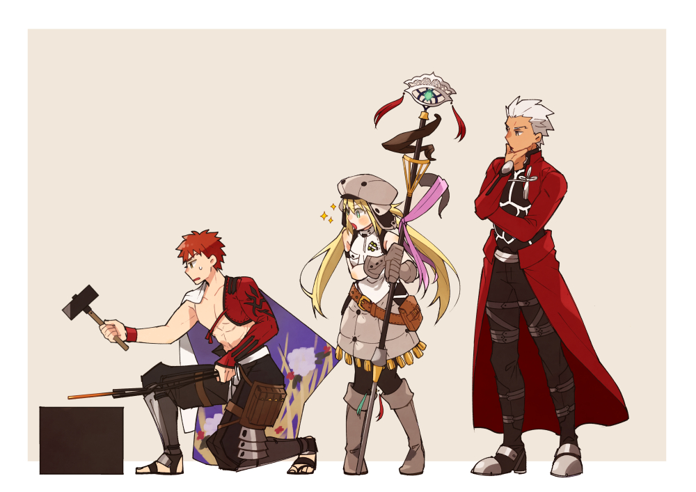 1girl 2boys archer_(fate) armor armored_boots artoria_pendragon_(caster)_(fate) artoria_pendragon_(fate) blonde_hair boots commentary_request dark-skinned_male dark_skin emiya_shirou fate/grand_order fate_(series) floral_print full_body gloves grey_footwear grey_gloves grey_headwear hammer hand_on_own_chin holding holding_hammer holding_staff igote looking_at_another misuko_(sbelolt) multiple_boys pants redhead senji_muramasa_(fate) simple_background sparkle spiky_hair staff sweatdrop tassel twintails white_hair wristband