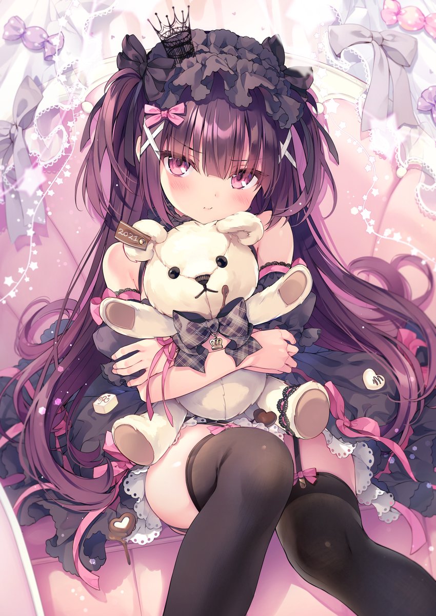 1girl black_legwear bow candy crown eyebrows_visible_through_hair eyes_visible_through_hair feet_out_of_frame food garter_straps hair_ribbon hairband highres holding holding_stuffed_toy lolita_hairband looking_at_viewer mini_crown original pink_bow ribbon rubi-sama sitting smile solo stuffed_animal stuffed_toy teddy_bear thigh-highs two_side_up violet_eyes