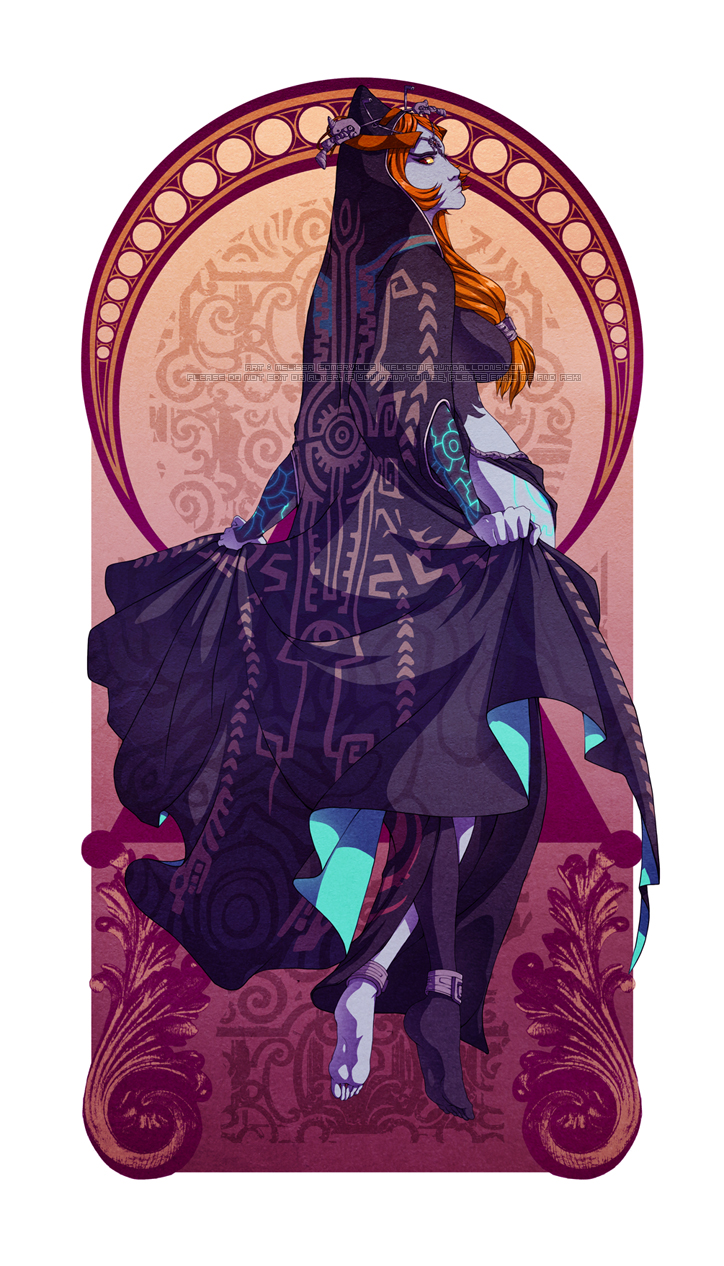 1girl art_nouveau black_skin blue_skin cape colored_skin commentary english_commentary from_behind full_body highres holding holding_cape holding_clothes long_hair looking_at_viewer melissa_somerville midna midna_(true) multicolored_skin redhead solo the_legend_of_zelda the_legend_of_zelda:_twilight_princess two-tone_skin