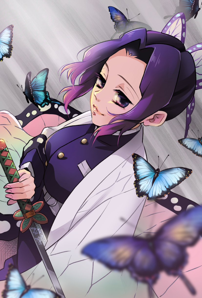 1girl blurry blurry_foreground bug butterfly butterfly_hair_ornament closed_mouth gradient_hair hair_intakes hair_ornament haori highres holding holding_sword holding_weapon jacket japanese_clothes katana kimetsu_no_yaiba kochou_shinobu long_sleeves multicolored_hair purple_hair purple_jacket shiny shiny_hair short_hair smile solo sword violet_eyes weapon yuki_(yuki3243)