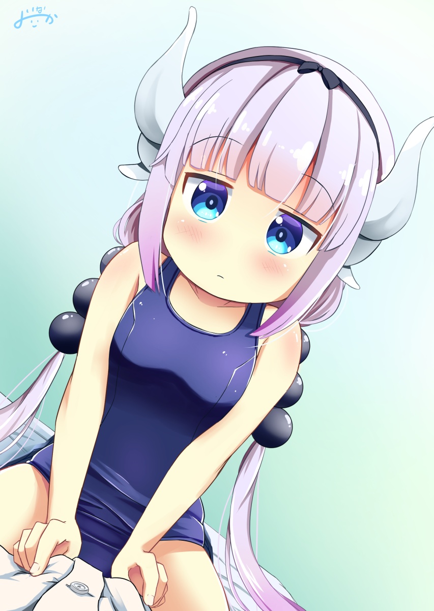 1girl bangs beads blue_eyes blunt_bangs blush child dragon_girl dragon_horns dutch_angle eyebrows_visible_through_hair hair_beads hair_ornament hairband highres horns inakami jitome kanna_kamui kobayashi-san_chi_no_maidragon light_purple_hair long_hair school_swimsuit straddling swimsuit twintails