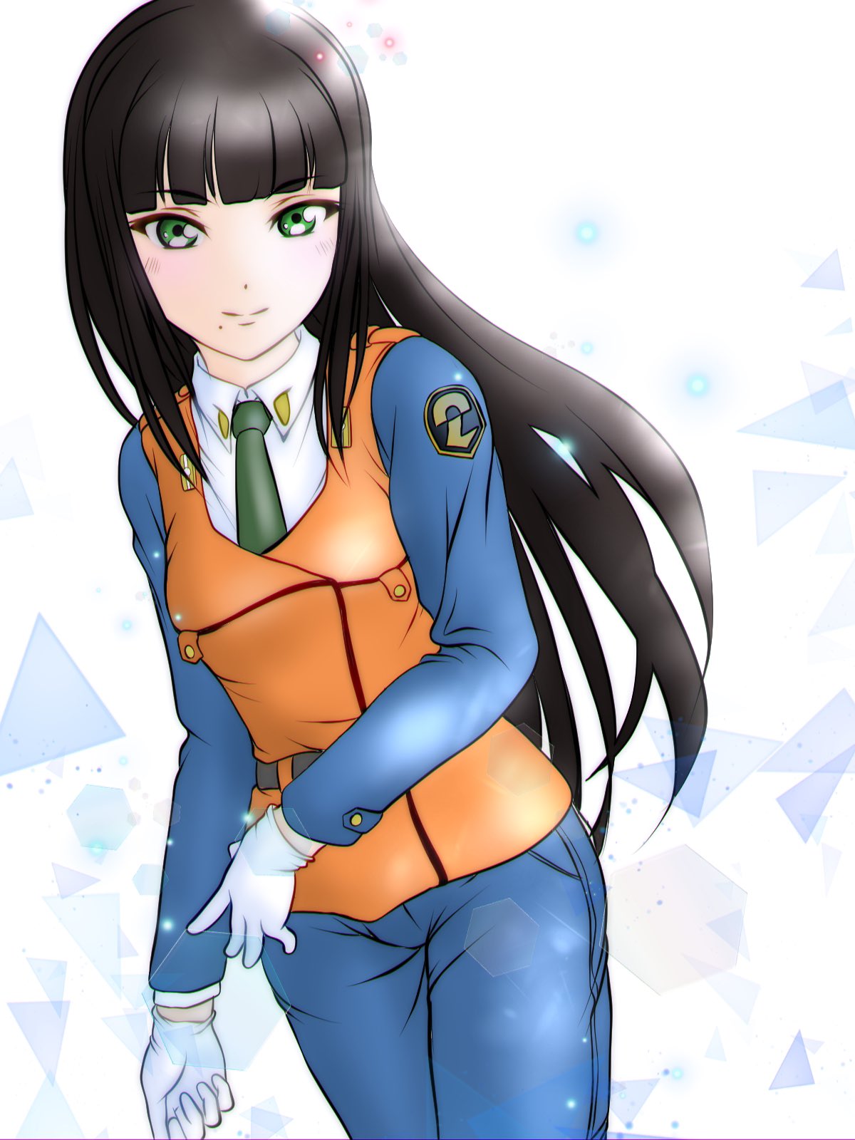 1girl bangs black_hair blue_pants collared_shirt crossover eyebrows_visible_through_hair floating_hair gloves green_eyes highres kidou_keisatsu_patlabor kurosawa_dia long_hair looking_at_viewer love_live! love_live!_sunshine!! minami_(vivace_re_373) mole mole_under_mouth orange_vest pants shirt smile solo vest white_gloves white_shirt