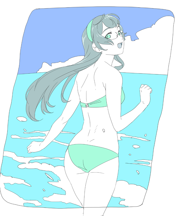 1girl bangs bikini black_hair clouds day from_behind glasses green_bikini green_hairband hairband head_tilt kantai_collection limited_palette long_hair looking_at_viewer ojipon ooyodo_(kancolle) outdoors sketch sky solo swimsuit water