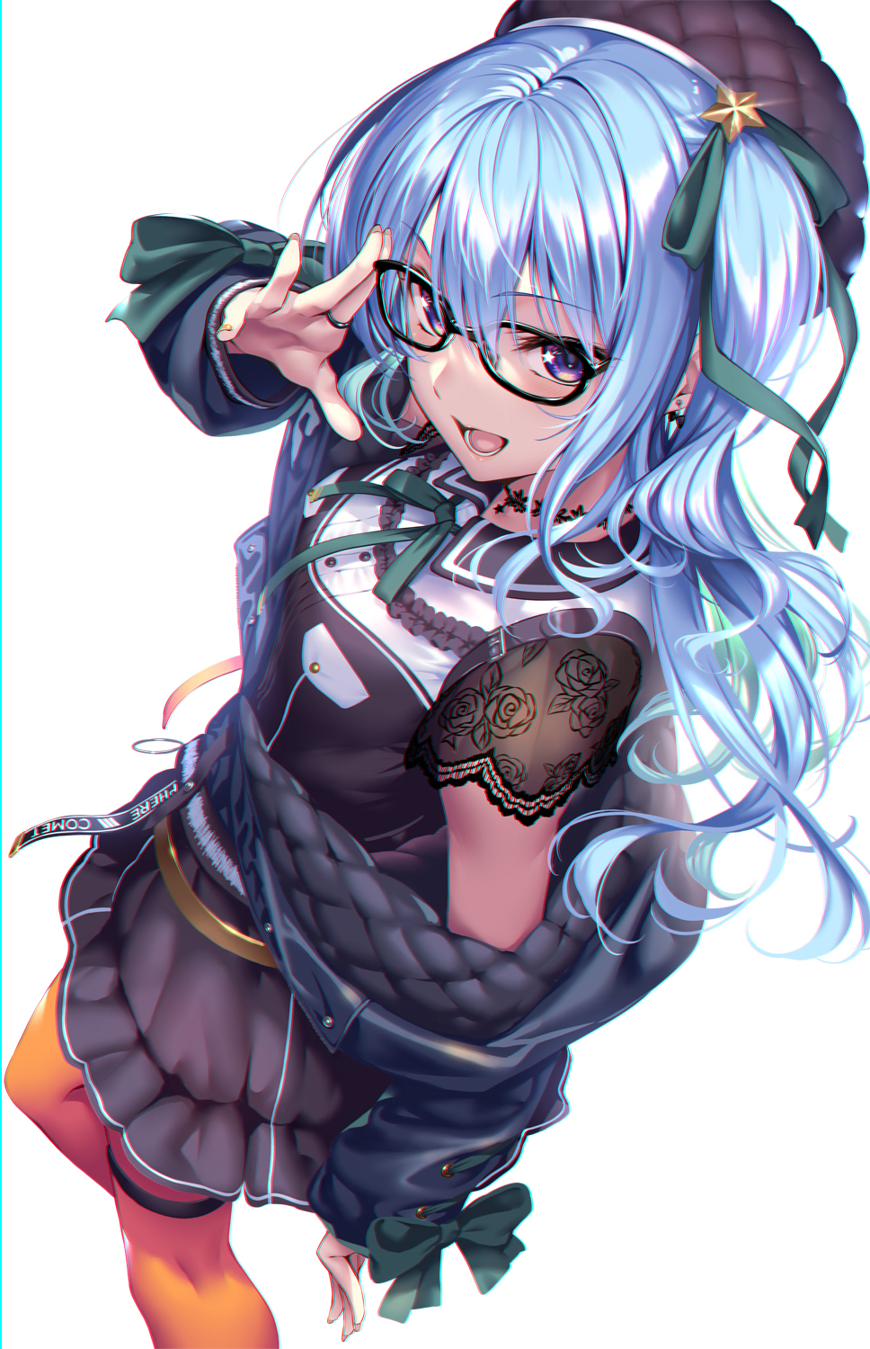 1girl :d arm_up bangs beret black_headwear black_jacket black_shirt black_skirt blue_hair blush bow breasts collared_shirt commentary_request earrings eyebrows_visible_through_hair floral_print glasses green_bow green_ribbon hair_between_eyes hair_ribbon hand_up hat highres hololive hoshimachi_suisei jacket jewelry long_hair long_sleeves looking_at_viewer nail_polish neck_ribbon off_shoulder one_side_up open_clothes open_jacket open_mouth orange_legwear pantyhose piromizu print_sleeves ribbon ring shirt short_sleeves simple_background skirt smile solo standing standing_on_one_leg star_(symbol) star_in_eye symbol_in_eye thigh_strap violet_eyes virtual_youtuber white_background yellow_nails