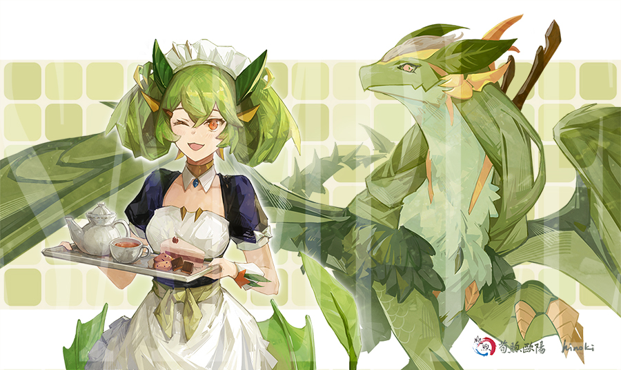 1girl :3 apron artist_name bangs black_dress blush bow breasts cake cake_slice chinese_commentary chinese_text claws closed_mouth collarbone colored_sclera commentary_request cookie cowboy_shot crossed_bangs cup detached_collar dragon dragon_girl dragonmaid_rufuto dress drink food frilled_apron frills green_background green_sclera green_theme green_wings hair_ornament hair_rings hands_up happy hei_chuan_gui holding holding_tray leaf leaf_hair_ornament light_blush looking_at_viewer looking_to_the_side low_wings maid maid_headdress medium_hair one_eye_closed open_mouth orange_eyes puffy_short_sleeves puffy_sleeves shiny shiny_hair short_sleeves sidelocks signature small_breasts smile standing tea teacup teapot tied_hair tray waist_apron white_apron white_bow wings wrist_cuffs yu-gi-oh!