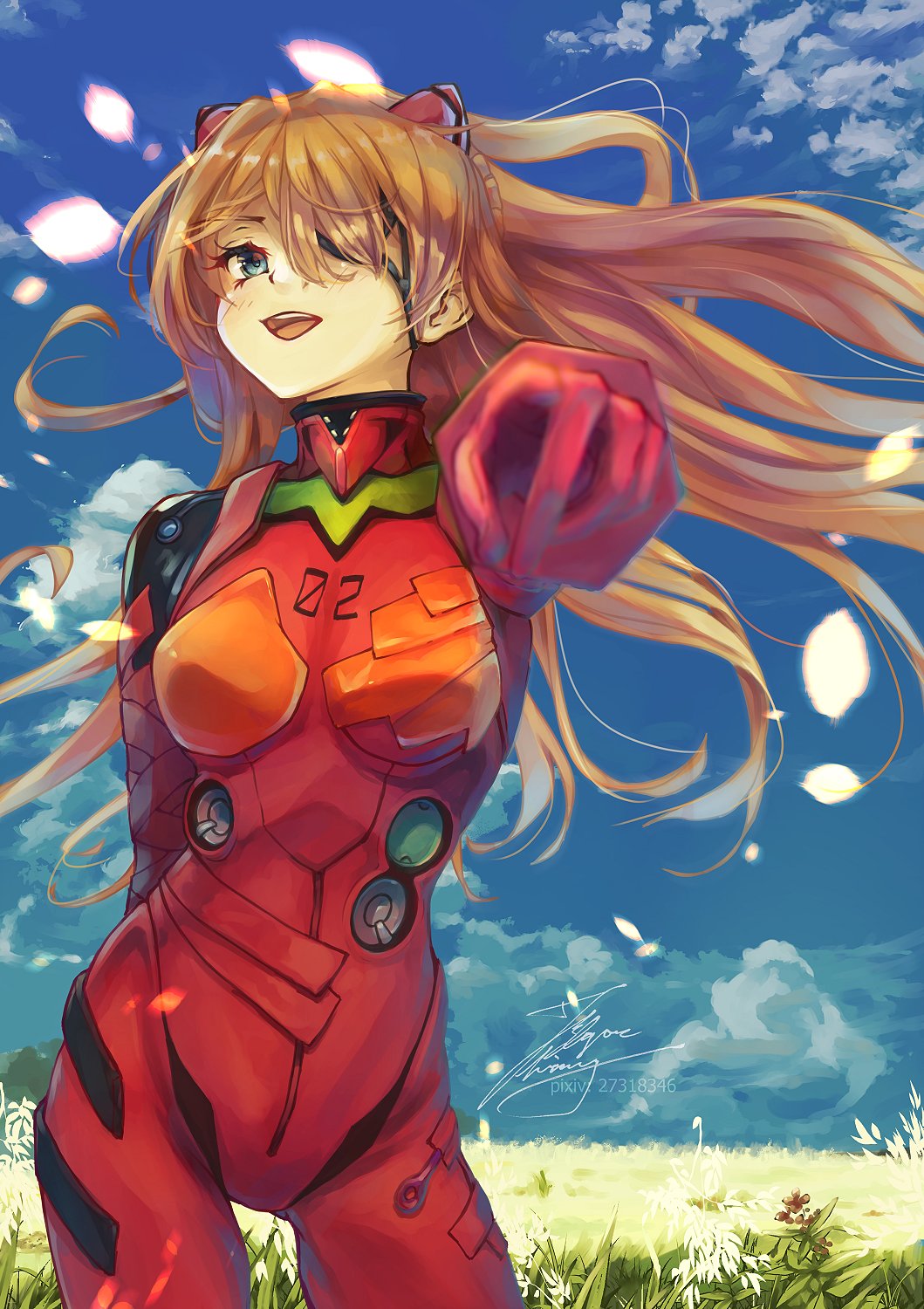 1girl arm_behind_back artist_name blonde_hair blue_eyes blue_sky blurry blush brown_hair clouds contrapposto depth_of_field eyepatch fadingz field grass hair_over_one_eye highres interface_headset looking_at_viewer neon_genesis_evangelion petals pixiv_id plugsuit pointing pointing_at_viewer rebuild_of_evangelion signature sky smile solo souryuu_asuka_langley tight