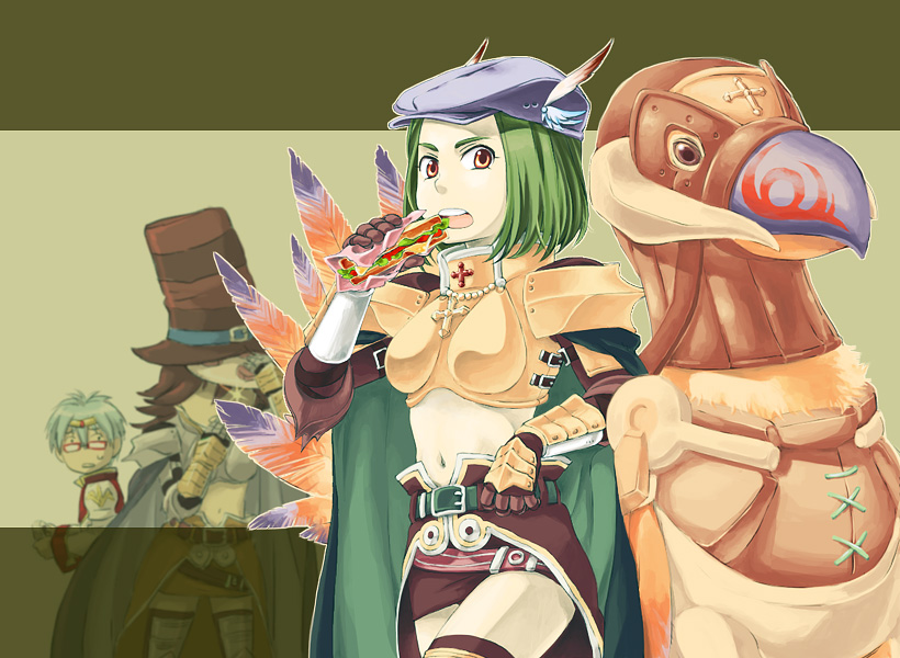 1boy 2girls animal armor bangs bird blue_cape blue_hair boobplate brown_cape brown_eyes brown_hair brown_headwear brown_legwear brown_skirt cape coat commentary_request cowboy_shot cross eating flat_cap food gauntlets green_cape green_hair hat high_priest_(ragnarok_online) holding holding_food leg_armor long_hair long_sleeves looking_at_another looking_at_viewer mask multiple_girls navel nyt_(1-0-z) open_mouth oversized_animal paladin_(ragnarok_online) pauldrons peco_peco ragnarok_online red-framed_eyewear red_coat sandwich short_hair shoulder_armor skirt solo_focus striped striped_headwear thigh-highs top_hat two-tone_coat waist_cape white_coat