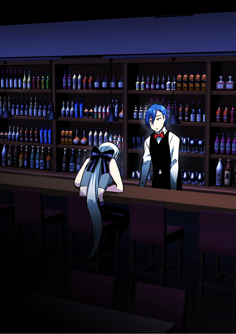 1boy 1girl 3d_background ahoge alcohol bar black_pants black_vest blue_hair bottle bow bowtie caffein chair commentary crop_top from_behind grey_shirt hair_bow head_down highres indoors kaito_(vocaloid) long_hair pants ponytail red_neckwear shelf shirt sitting standing striped striped_bow very_long_hair vest vocaloid voyakiloid waiter white_hair white_shirt yowane_haku