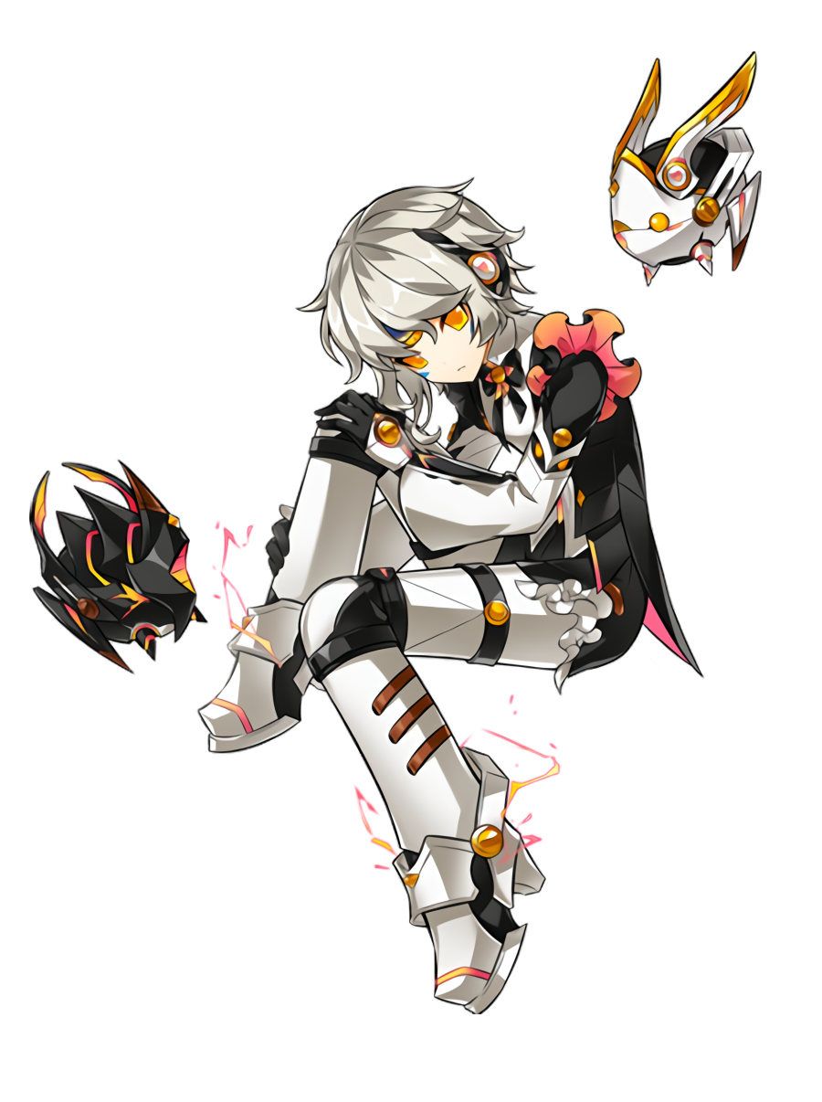 1girl android artist_request code:_unknown_(elsword) earpiece elsword eve_(elsword) expressionless facial_mark forehead_jewel frills full_body gloves hand_on_leg highres leg_up looking_at_viewer moby_(elsword) official_art remy_(elsword) short_hair silver_hair solo transparent_background yellow_eyes
