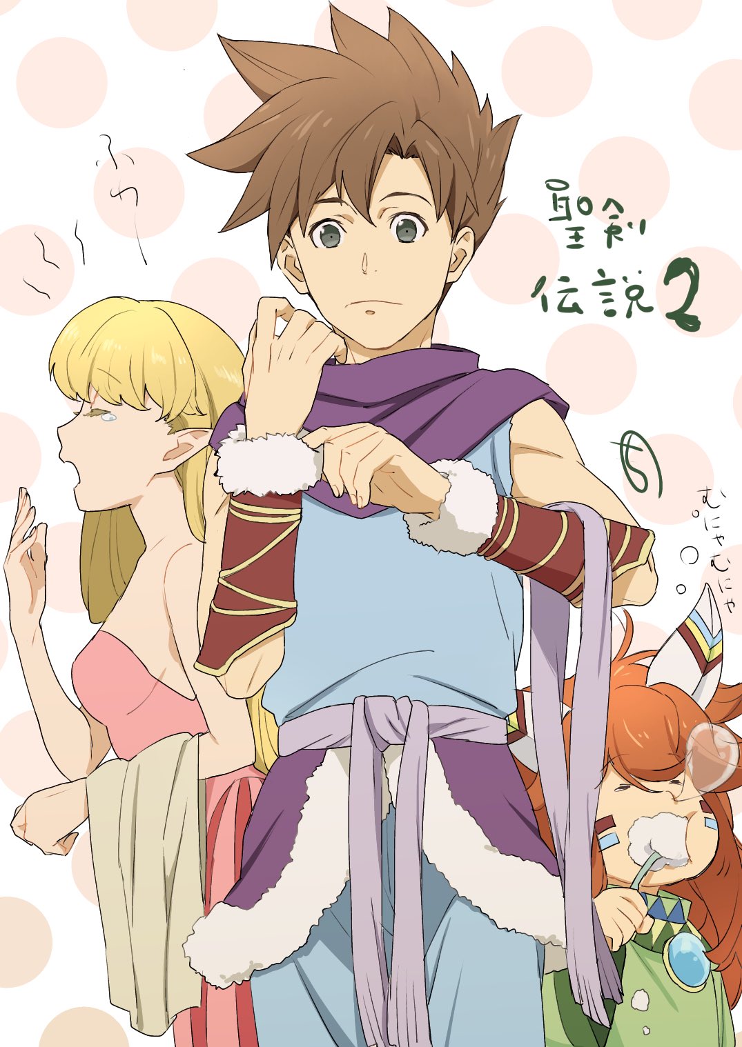 1boy 1girl 1other androgynous bare_shoulders blonde_hair breasts brown_hair closed_mouth highres kobayashi_chizuru long_hair looking_at_viewer open_mouth pointy_ears popoi primm randi redhead seiken_densetsu seiken_densetsu_2 spiky_hair