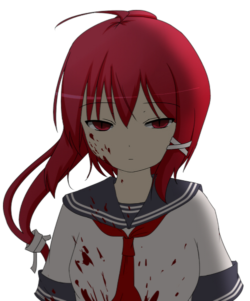 ao_inko blood blood_on_clothes blood_on_face eyebrows_visible_through_hair i-168_(kancolle) kantai_collection red_eyes red_neckwear redhead sailor_collar shirt upper_body white_shirt yandere