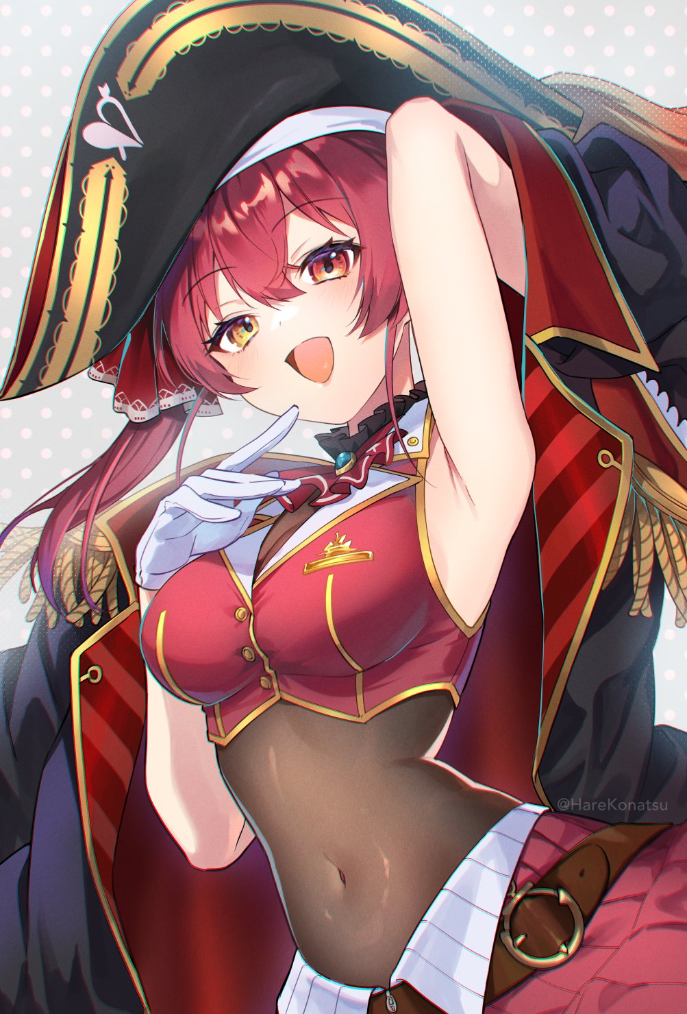 1girl arm_up armpits black_coat black_headwear coat commentary_request gloves hair_ribbon hat heterochromia highres hololive houshou_marine jacket konatsu_hare long_hair pirate_hat red_eyes red_jacket red_ribbon red_skirt redhead ribbon skirt sleeveless sleeveless_jacket solo virtual_youtuber white_gloves yellow_eyes