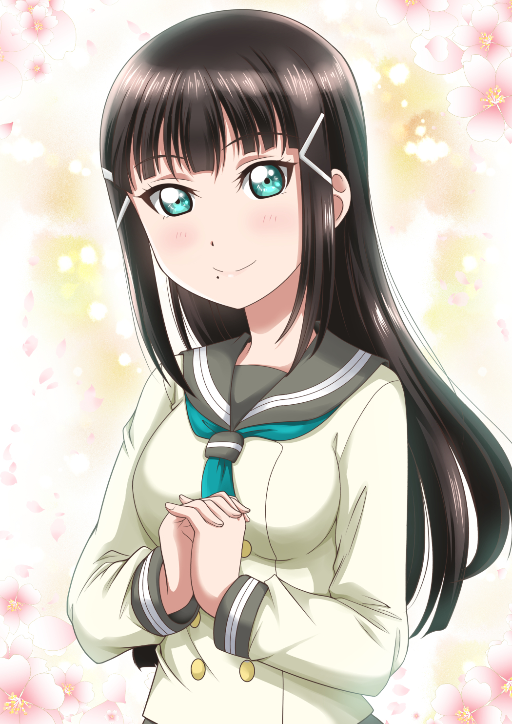 1girl aqua_neckwear backlighting bangs black_hair blue_eyes blunt_bangs breasts closed_mouth eyebrows_visible_through_hair floating_hair flower grey_sailor_collar hair_ornament hands_clasped hanzou highres interlocked_fingers kurosawa_dia long_hair long_sleeves love_live! love_live!_sunshine!! medium_breasts mole mole_under_mouth own_hands_together pink_flower sailor_collar school_uniform shiny shiny_hair smile solo straight_hair upper_body uranohoshi_school_uniform very_long_hair