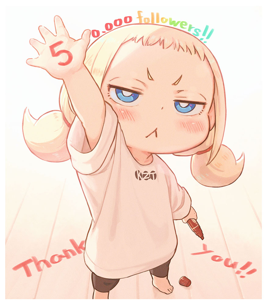 1girl :&lt; blonde_hair blue_eyes child commentary_request crayon hand_up kozato_(yu_kozato) leggings looking_at_viewer low_twintails original shirt short_sleeves short_twintails solo twintails white_shirt