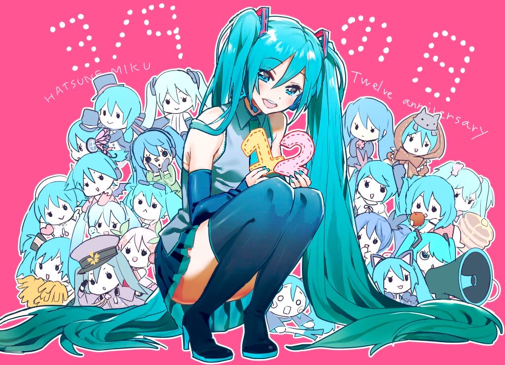 1girl 39 :d absurdly_long_hair blue_eyes blue_footwear blue_hair blue_nails blue_skirt blue_sleeves blush boots character_doll character_name collared_shirt detached_sleeves eyebrows_visible_through_hair floating_hair full_body grey_shirt hair_between_eyes hatsune_miku high_heel_boots high_heels jun_(nad-j) long_hair long_sleeves looking_at_viewer megaphone miniskirt nail_polish open_mouth pink_background pleated_skirt shiny shiny_hair shirt skirt sleeveless sleeveless_shirt smile solo squatting thigh-highs thigh_boots twintails very_long_hair vocaloid wing_collar zettai_ryouiki