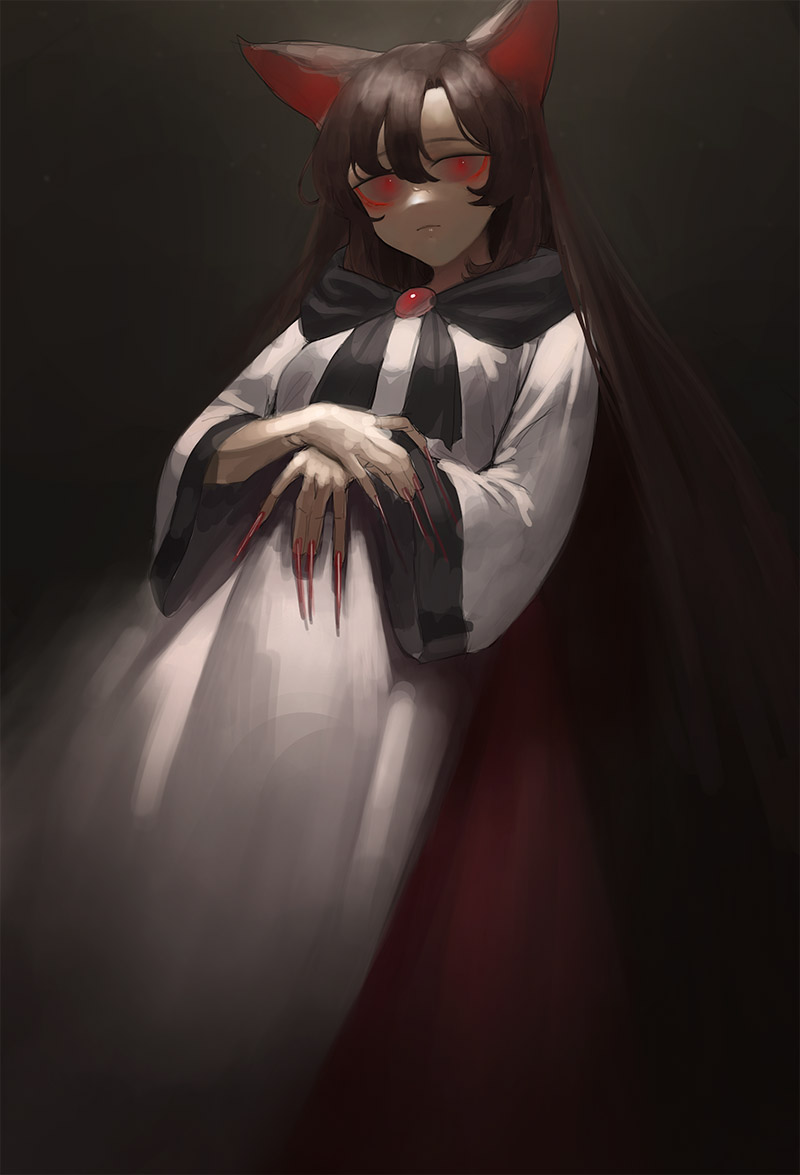 1girl animal_ears bangs brooch brown_hair closed_mouth dress feet_out_of_frame fingernails grey_background imaizumi_kagerou jewelry long_fingernails long_hair long_sleeves looking_at_viewer ni_(221) red_eyes sharp_fingernails solo touhou white_dress wide_sleeves wolf_ears