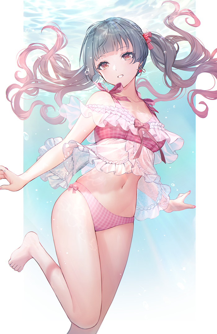1girl bare_arms bare_legs bare_shoulders bikini black_hair bow breasts caustics earrings floating_hair freediving frilled_bikini frills gradient_hair grin hair_bow idolmaster idolmaster_shiny_colors jewelry long_hair looking_at_viewer mayuzumi_fuyuko medium_breasts multicolored_hair navel orange_eyes pink_bikini see-through shiba_0 smile solo stomach swimsuit thighs twintails underwater