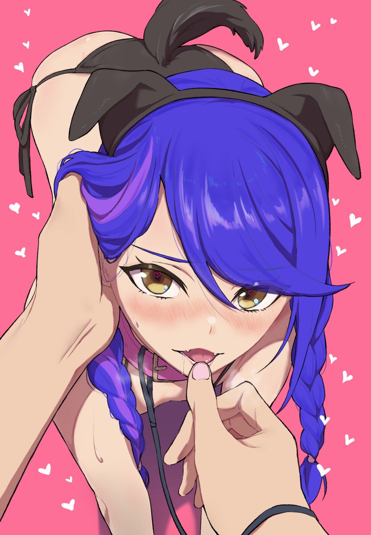 1boy 1girl aikatsu!_(series) aikatsu_stars! all_fours animal_ears bangs belt_collar bikini bikini_bottom black_bikini black_hairband blue_hair blush braid caress collar dog_ears dog_tail eyebrows_visible_through_hair fake_animal_ears fake_tail fangs from_above gradient gradient_background hair_between_eyes hairband hand_on_another's_chin hand_on_another's_head heart heart-shaped_pupils heavy_breathing highres kisaragi_tsubasa leash long_hair looking_at_viewer low_twin_braids low_twintails lower_teeth male_hand mouth_pull open_mouth orange_eyes osame pet_play pink_background pink_collar pov side-tie_bikini swept_bangs swimsuit symbol-shaped_pupils tail tongue tsurime twin_braids twintails upturned_eyes