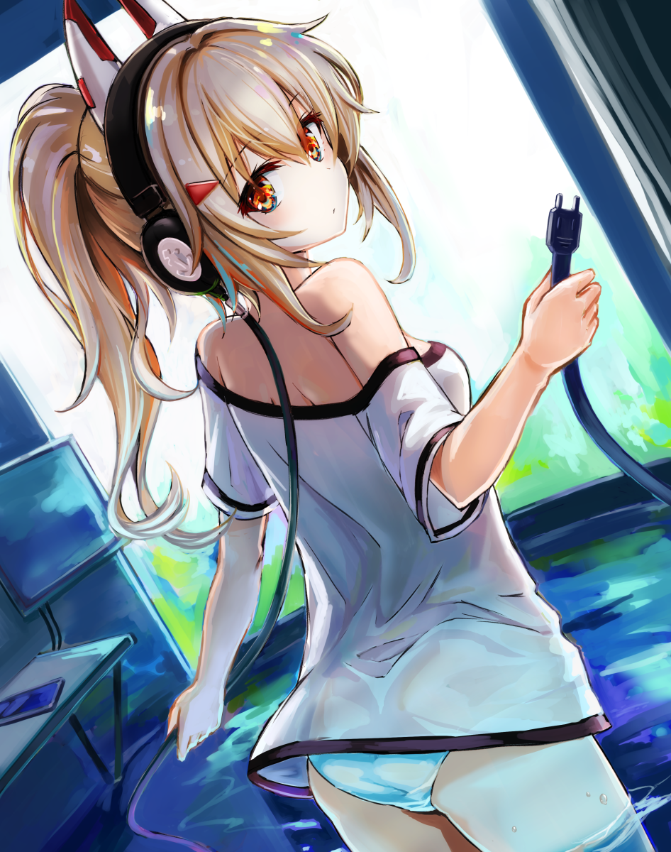 1girl ass ayanami_(azur_lane) ayanami_(niconico)_(azur_lane) azur_lane bangs blurry commentary_request depth_of_field eyebrows_visible_through_hair from_behind hair_between_eyes headgear headphones highres holding_cable long_hair looking_at_viewer looking_back orange_eyes oversized_clothes panties ponytail shirt short_sleeves sidelocks silver_hair solo t-shirt tokisaka_ena underwear white_panties white_shirt