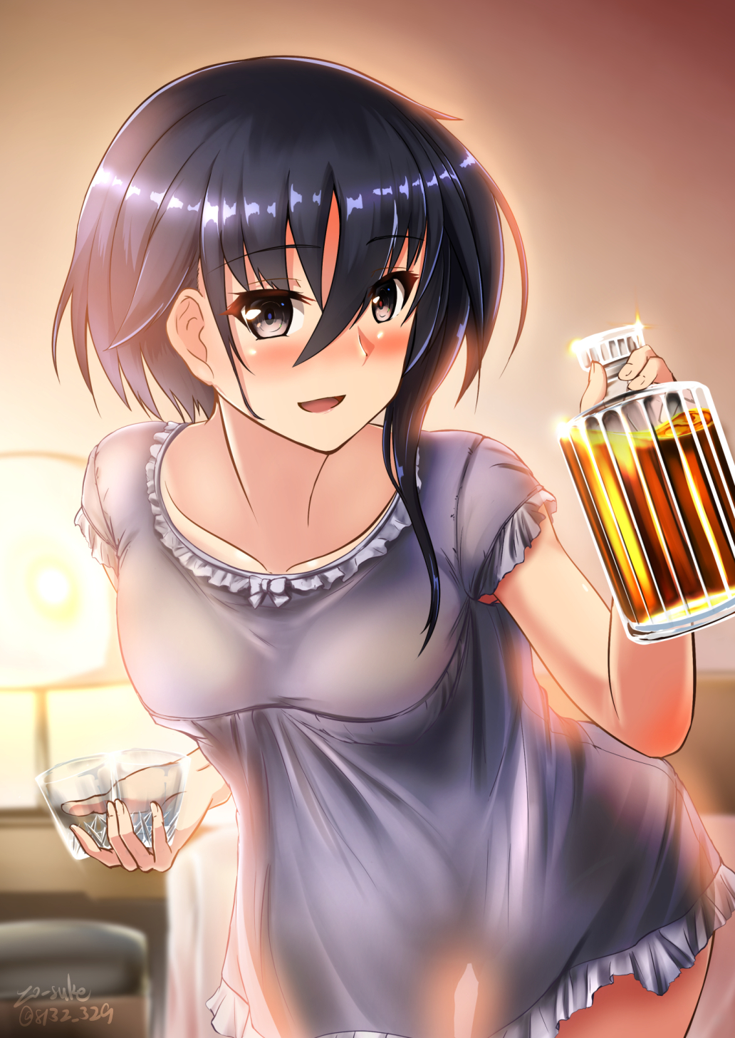 1girl alternate_costume black_hair blue_nightgown bottle breasts cup drinking_glass hair_between_eyes highres holding holding_bottle holding_cup i-13_(kancolle) indoors kantai_collection lamp medium_breasts short_hair short_sleeves shot_glass solo yo-suke