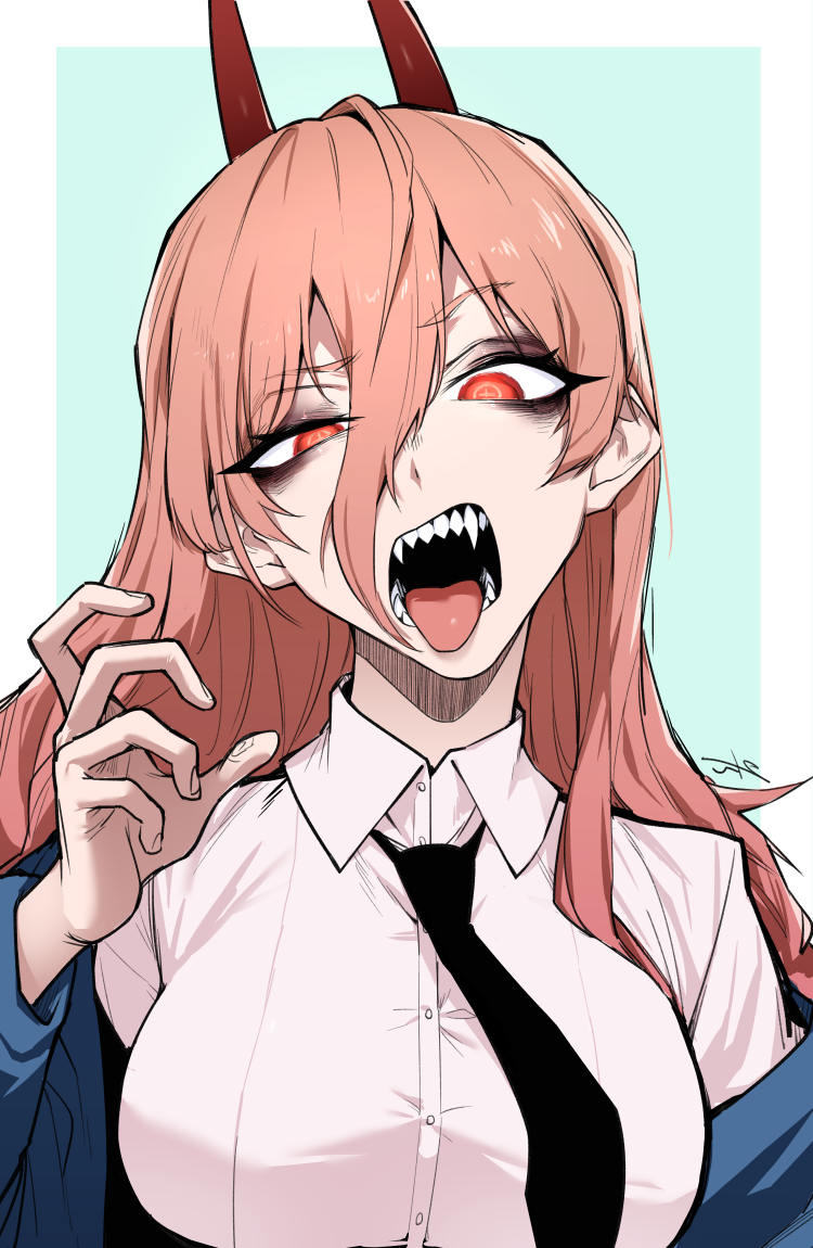 1girl breasts chainsaw_man eyeliner hair_between_eyes horns j.k. long_hair looking_at_viewer makeup necktie pink_hair power_(chainsaw_man) red_eyes sharp_teeth solo symbol-shaped_pupils teeth tongue tongue_out