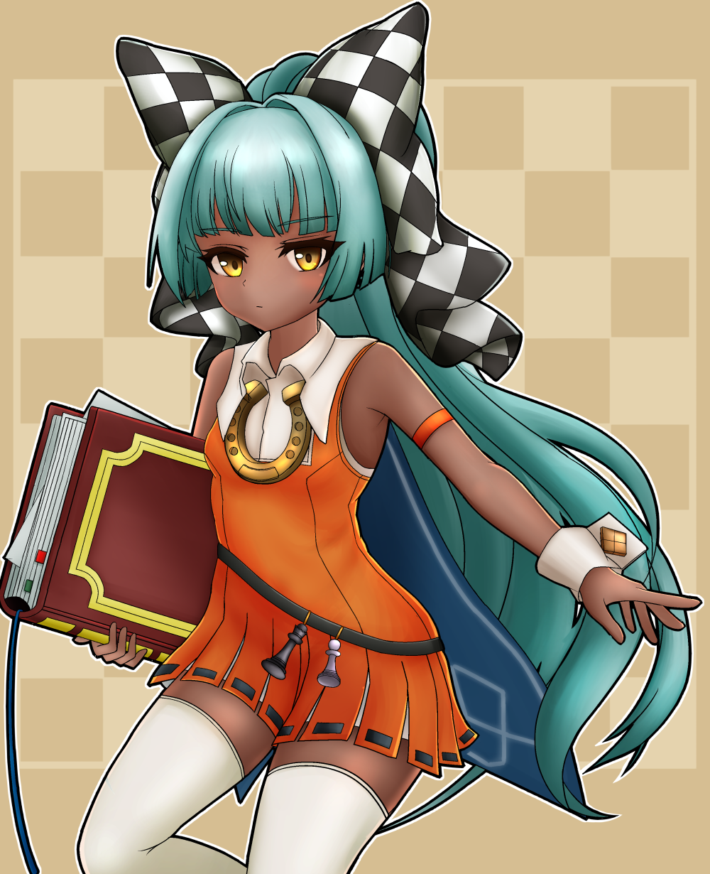 1girl aqua_hair armband bangs book bow brown_background checkered checkered_background checkered_bow dark-skinned_female dark_skin dashimoro dress eiyuu_senki hair_bow highres horseshoe looking_at_viewer orange_dress sleeveless sleeveless_dress solo thigh-highs white_legwear wrist_cuffs yellow_eyes