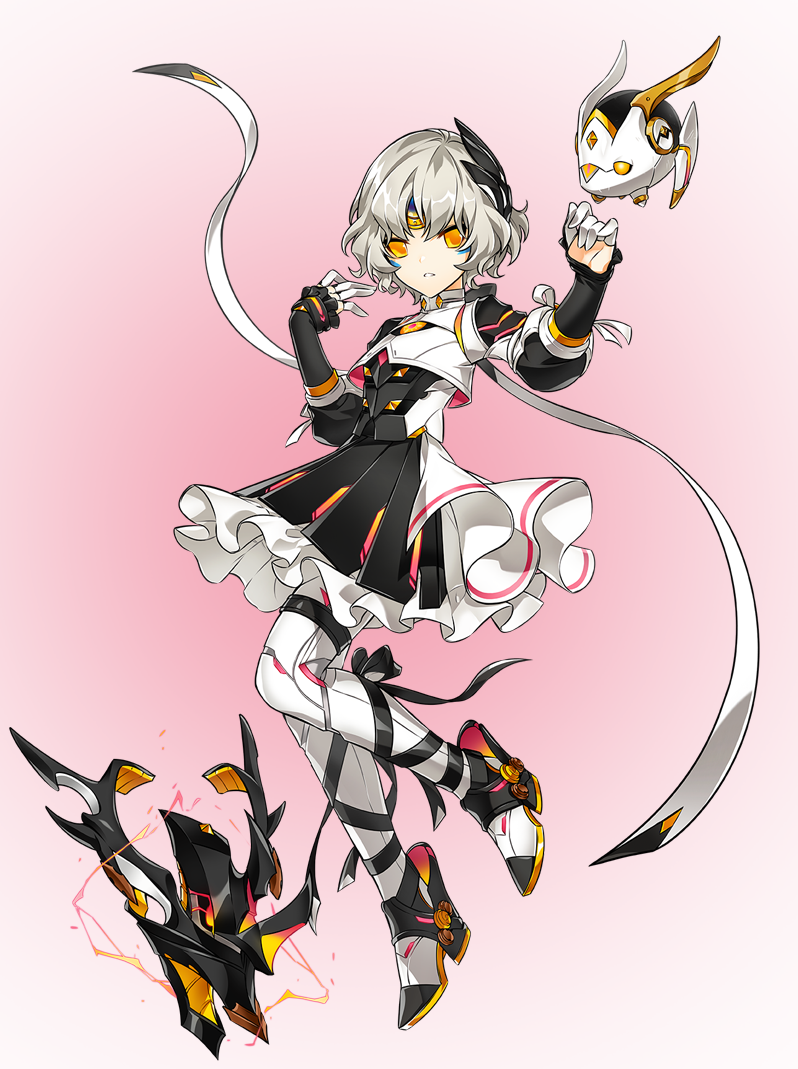 1girl android artist_request code:_failess_(elsword) drone earpiece elsword eve_(elsword) facial_mark floating forehead_jewel frills full_body leg_ribbon looking_at_viewer moby_(elsword) official_art remy_(elsword) ribbon short_hair transparent_background wavy_hair