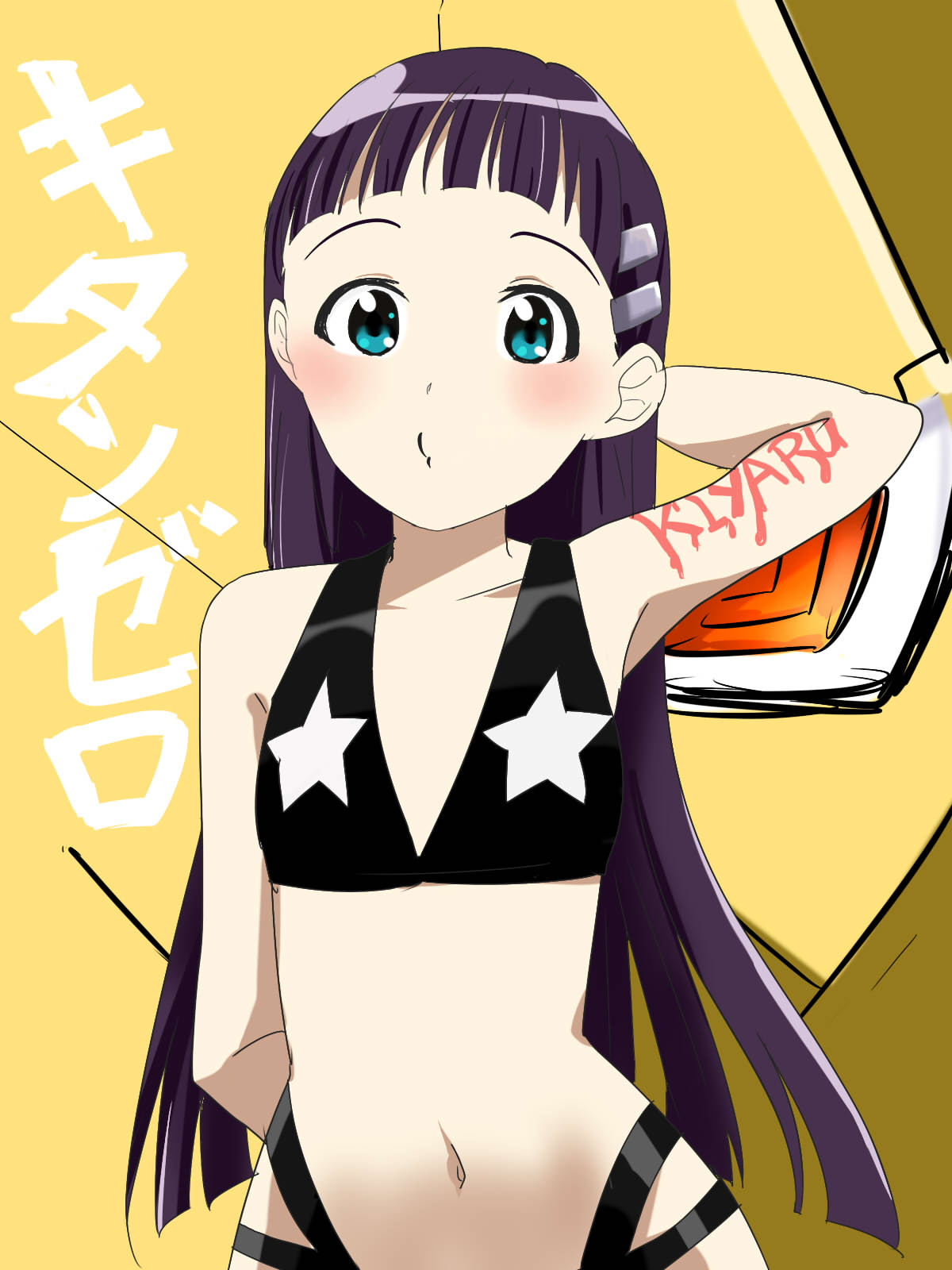 1girl aya_(ayam05) blue_eyes blush character_name hair_ornament highres king_kittan kiyal_bachika long_hair looking_at_viewer mecha navel o3o purple_hair solo star_(symbol) swimsuit tengen_toppa_gurren_lagann