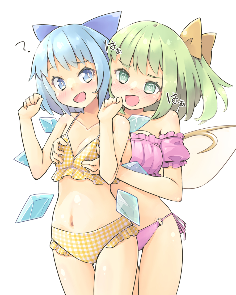 2girls ? @_@ arnest bare_arms bare_legs bare_shoulders bikini blue_bow blue_eyes blue_hair blush bow breast_grab breasts cirno collarbone commission cowboy_shot daiyousei eyebrows_visible_through_hair fairy fairy_wings frilled_bikini frills grabbing green_eyes green_hair hair_bow highres ice ice_wings large_breasts long_hair multiple_girls navel o-ring o-ring_bikini open_mouth plaid plaid_bikini purple_bikini short_hair side_ponytail simple_background skeb_commission small_breasts swimsuit touhou white_background wings yellow_bikini