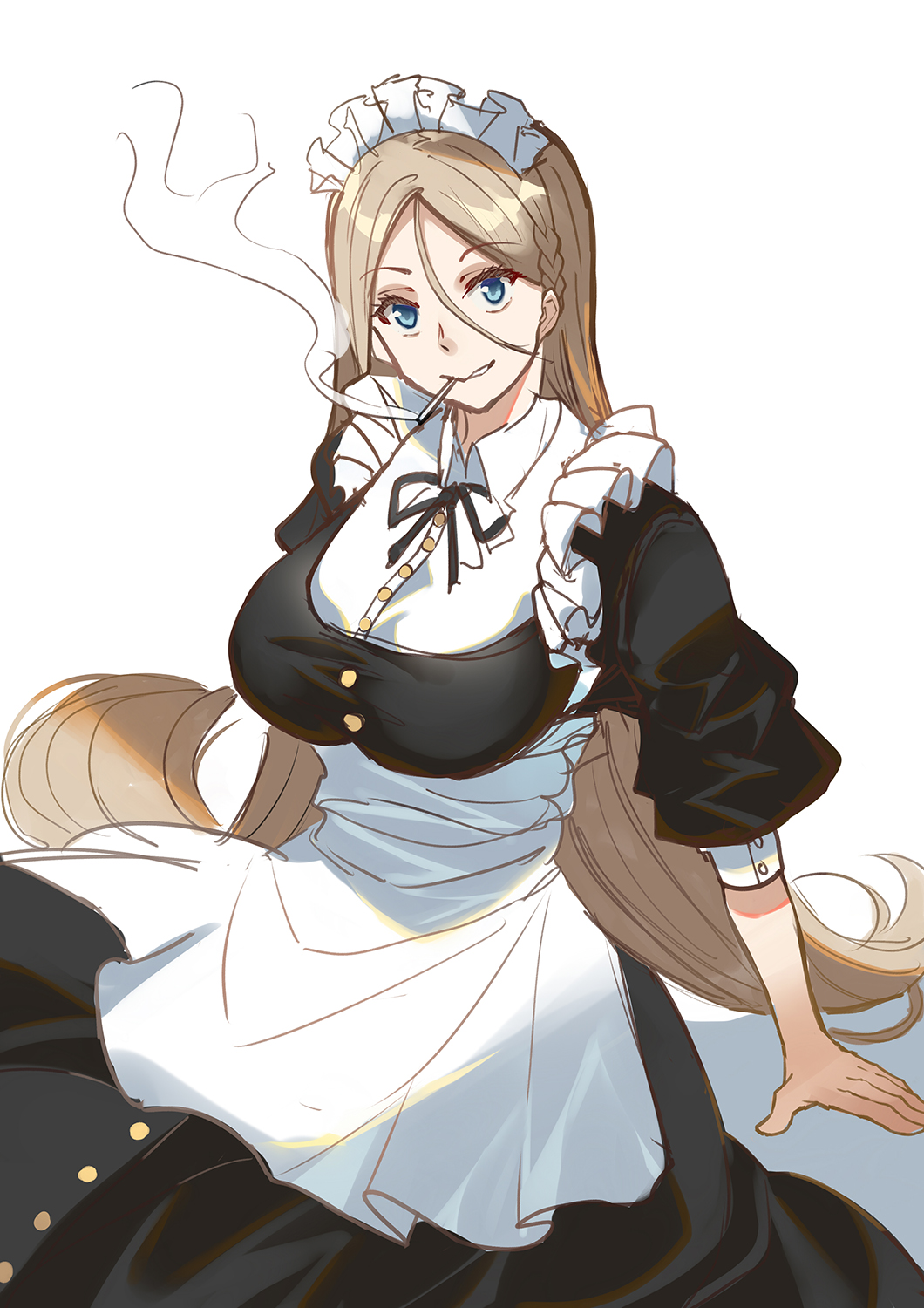 1girl alternate_costume apron black_dress blue_eyes braid breasts brown_hair cigarette colombus_(eiyuu_senki) dress eiyuu_senki hair_between_eyes highres large_breasts long_hair looking_at_viewer maid maid_apron maid_headdress mouth_hold nishitaka puffy_sleeves simple_background sitting sketch smoking solo very_long_hair white_background