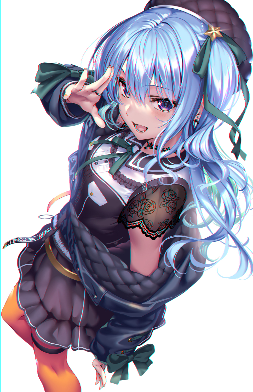 1girl :d arm_up bangs beret black_headwear black_jacket black_shirt black_skirt blue_hair blush bow breasts collared_shirt commentary_request earrings eyebrows_visible_through_hair floral_print green_bow green_ribbon hair_between_eyes hair_ribbon hand_up hat highres hololive hoshimachi_suisei jacket jewelry long_hair long_sleeves looking_at_viewer nail_polish neck_ribbon off_shoulder one_side_up open_clothes open_jacket open_mouth orange_legwear pantyhose piromizu print_sleeves ribbon ring shirt short_sleeves simple_background skirt smile solo standing standing_on_one_leg star_(symbol) star_in_eye symbol_in_eye thigh_strap violet_eyes virtual_youtuber white_background yellow_nails