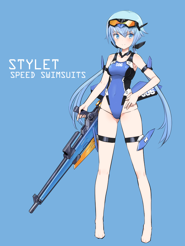 1girl barefoot blue_background blue_eyes blue_hair competition_swimsuit frame_arms_girl gun holding holding_gun holding_weapon low_twintails one-piece_swimsuit shimada_fumikane solo stylet_(frame_arms) swimsuit twintails weapon