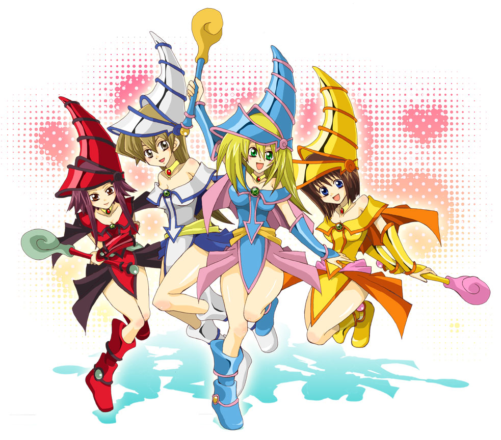 blonde_hair blue_eyes brown_eyes brown_hair cape cosplay dark_magician_girl dark_magician_girl_(cosplay) detached_sleeves hat izayoi_aki long_hair mazaki_anzu open_mouth red_eyes red_hair redhead saeki_yuki short_hair smile tenjouin_asuka wand yu-gi-oh! yugioh_5d's yugioh_gx yuu-gi-ou yuu-gi-ou_5d's yuu-gi-ou_duel_monsters yuu-gi-ou_gx