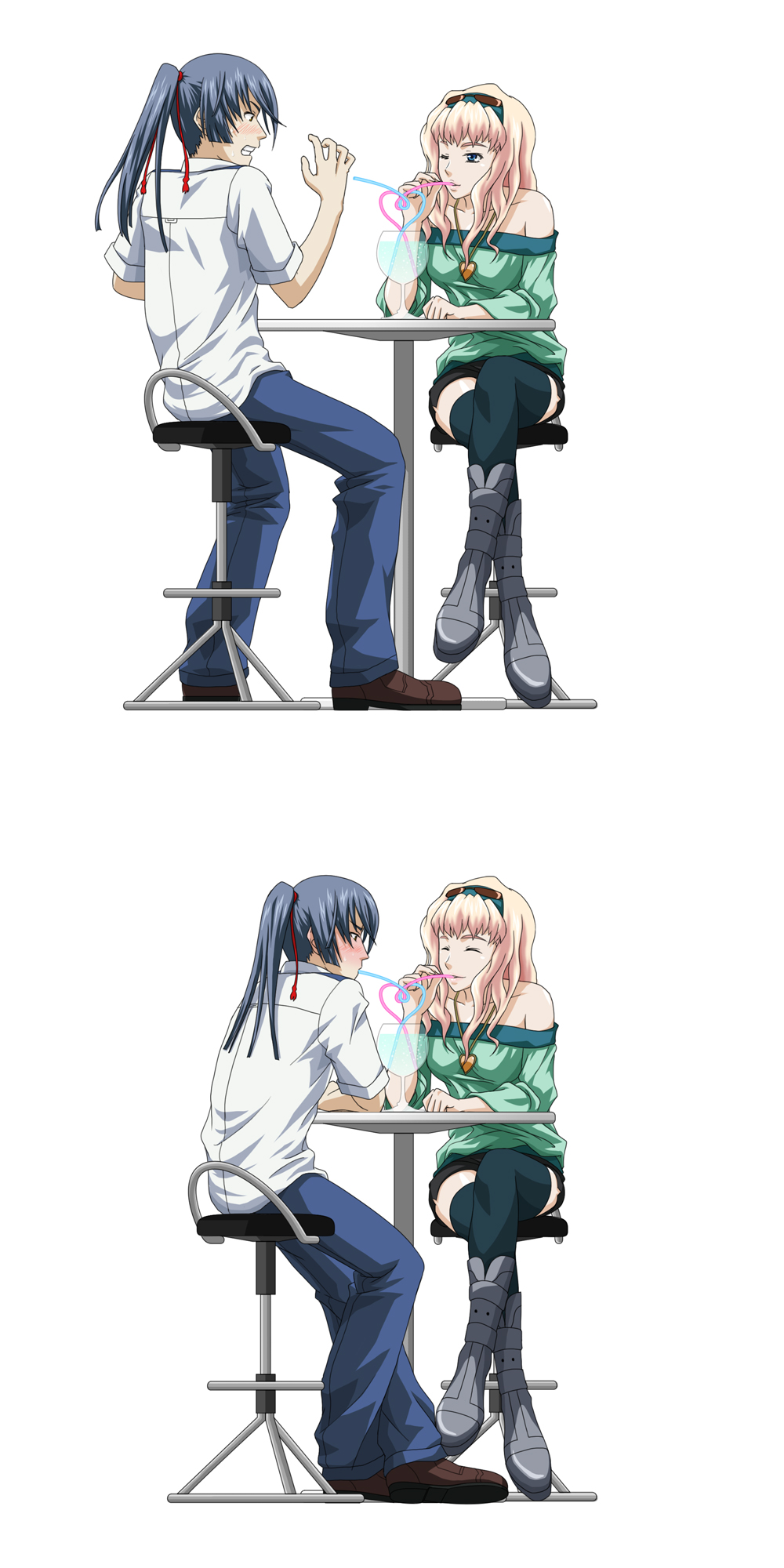 blonde_hair blue_hair boots closed_eyes couple crossed_legs drinking embarrassed highres jewelry lapis legs_crossed locket long_hair macross macross_frontier pendant ponytail saotome_alto sharing sheryl_nome sitting stool straw table thighhighs uniform