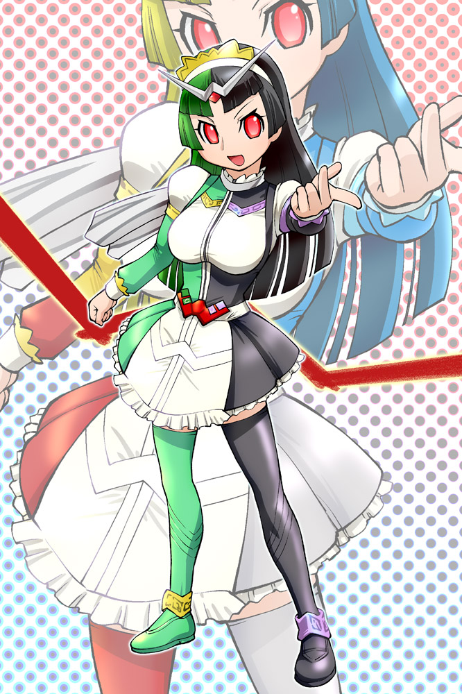 antenna apron belt female genderswap kamen_rider kamen_rider_double kamen_rider_w long_hair maid multicolored_hair personification red_eyes rider-tan solo thigh-highs thighhighs ueyama_michirou zoom_layer