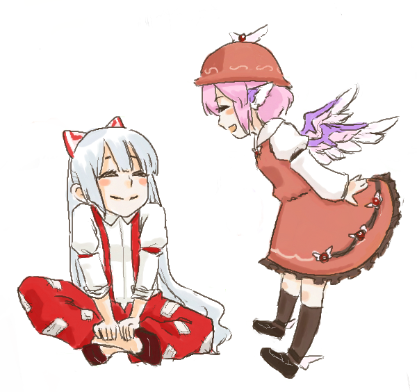 animal_ears bad_id blush_stickers dress fujiwara_no_mokou hair_ribbon happy hat hikimaru kneehighs long_sleeves multiple_girls mystia_lorelei open_mouth ribbon simple_background sitting sleeves_rolled_up smile socks suspenders touhou winged_shoes wings