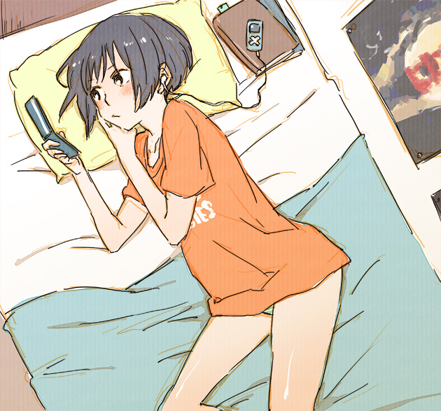 1girl blush bob_cut book bottomless cellphone digital_media_player earphones face kobayakawa_rinko love_plus lying on_side peg phone short_hair solo