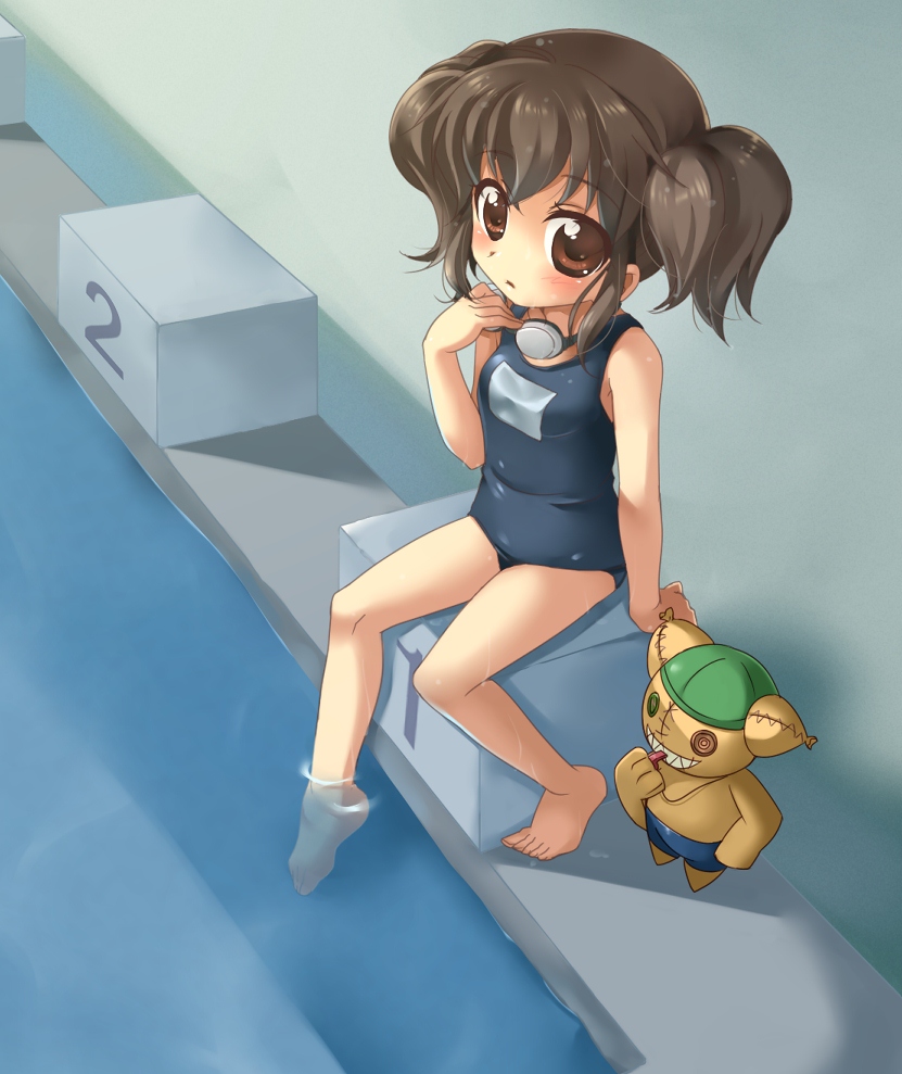 anise_tatlin barefoot black_hair blush brown_eyes brown_hair button_eyes diving_block doll feet_in_water goggles long_hair one-piece_swimsuit pool poolside school_swimsuit sensaki_chihiro soaking_feet starting_block swim_cap swim_trunks swimsuit tales_of_(series) tales_of_the_abyss tokunaga twintails water whistle